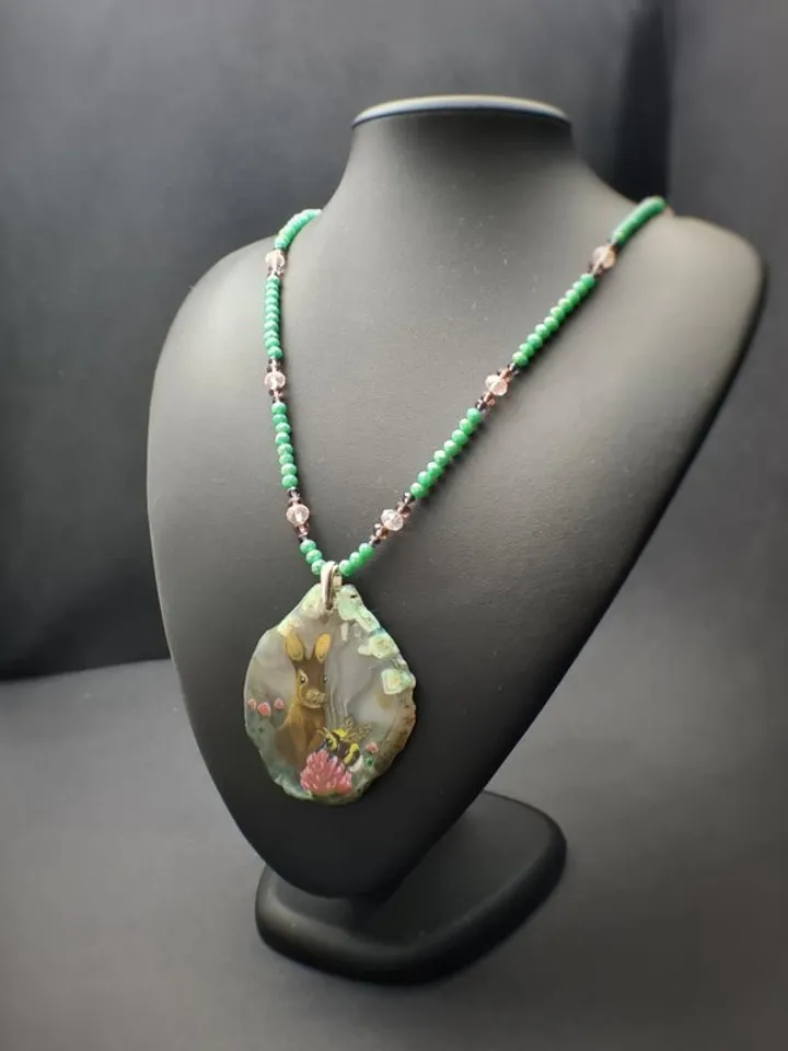 Necklace with rabbit, bumblebee Painting Agate stone Christmas Gift Wrapping