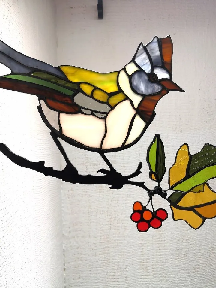 Crested Tit on a Hawthorn Branch, Tiffany Stained Glass Art, Stained Glass Crested Tit and Hawthorn, Tiffany Style, Nature-Inspired Crested Tit Stained Glass Panel, Tiffany Technique Stained Glass, Bird on Hawthorn, Crested Tit Bird with Berries, Handmade
