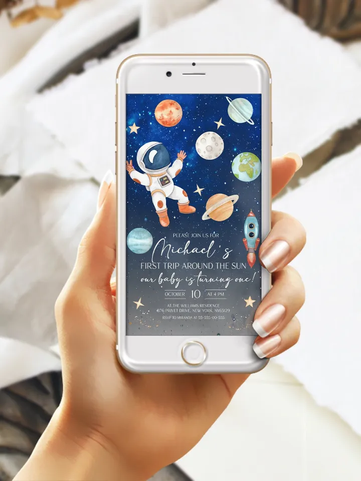 Editable First Trip Around the Sun Galaxy Blast Off Invitation Space Birthday Party Galaxy First Birthday Party Template Outer Space