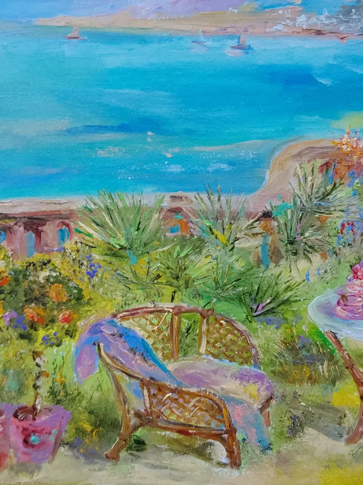 "Relaxing in the garden under the sea breeze" 40x30cm (16x12 inches)