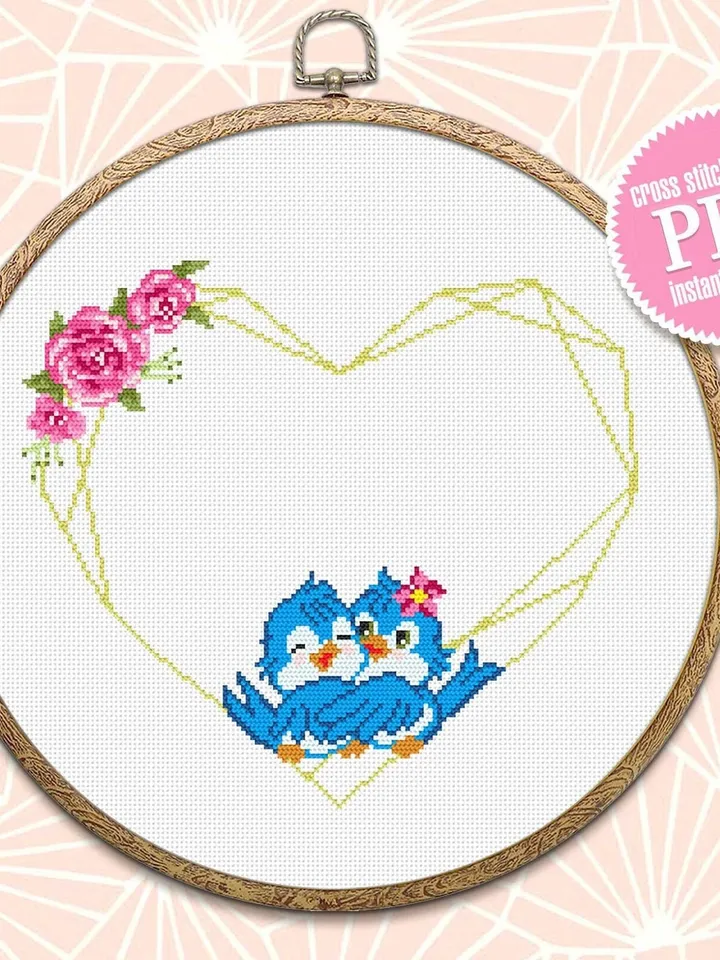 Floral heart frame cross stitch pattern download PDF Blue birds cross stitch, Wedding cross stitch chart, Valentine stitch Flower wreath #Y7
