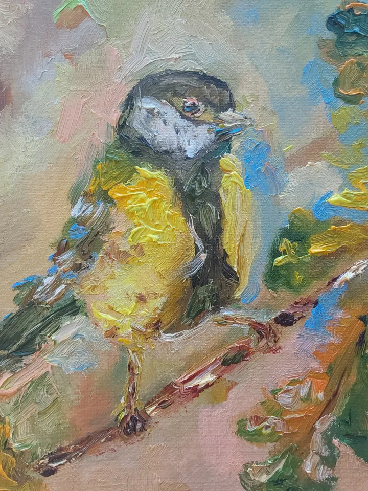 Oil painting on canvas "Birds. Tit". 20x20 cm (8x8 inches)