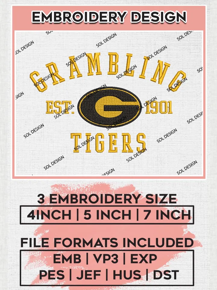 Grambling Tigers Est 1901 Logo Embroidery Designs, NCAA Grambling Tigers Team Embroidery, NCAA Team Logo, 3 sizes, Machine embroidery Files, Digital Download
