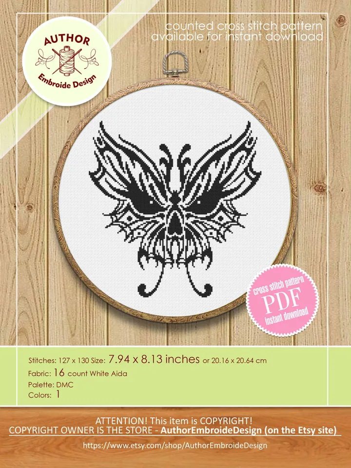 Skull butterfly cross stitch pattern PDF download Gothic skull cross stitch chart Spooky black butterfly embroidery PDF Halloween decor #H57