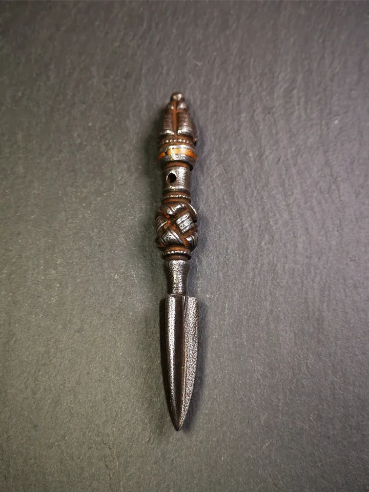 Gandhanra Handmade Tibetan Buddhist Ritual Implement - Kila -Dorje Phurba,Made of Cold Iron inlaid with Copper,5.1"