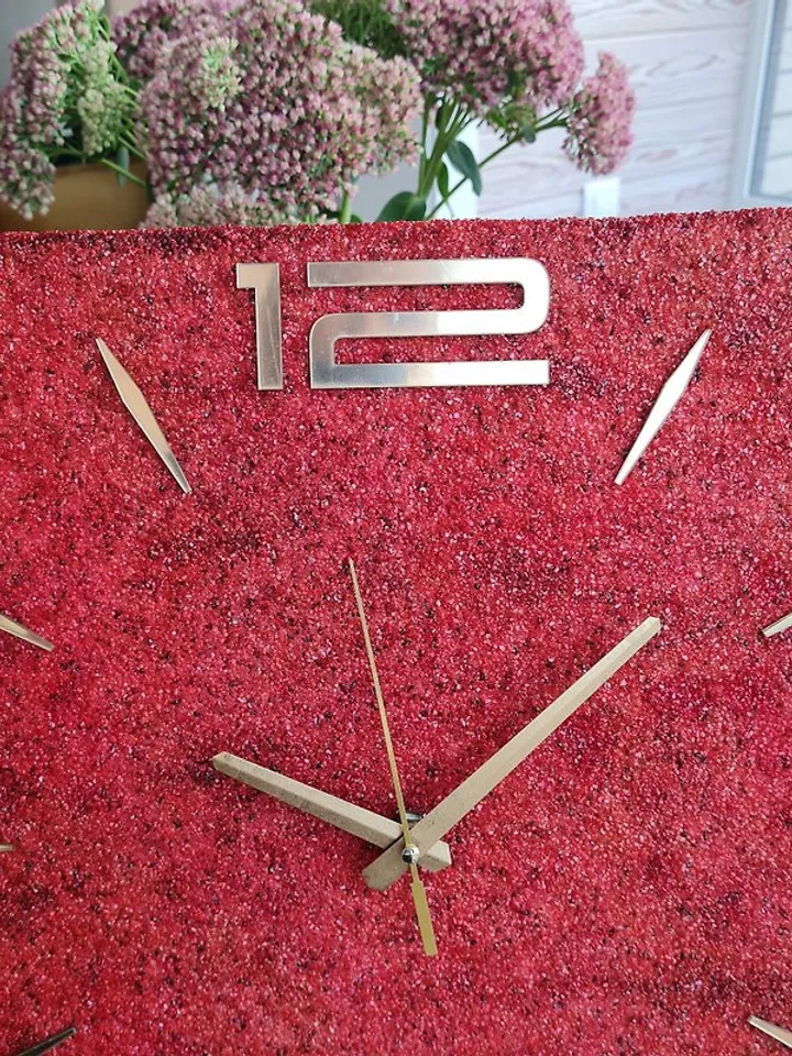 Red stone wall clock Modern square wall clock Golden numbers Silent luxury clock