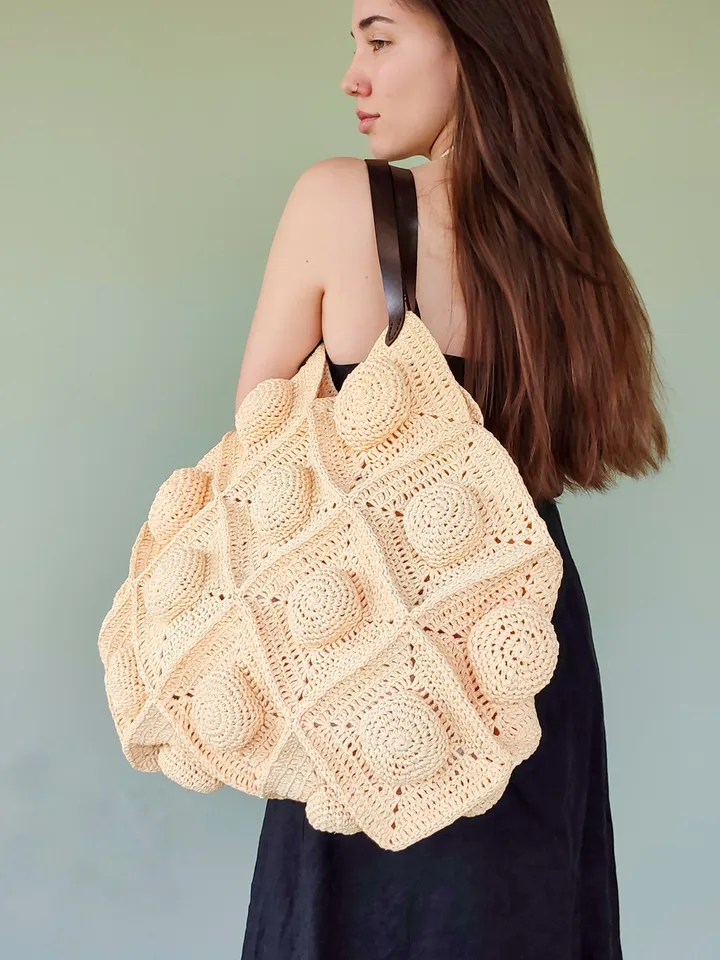 Unique handmade raffia beach bag with leather handles, summer handbag