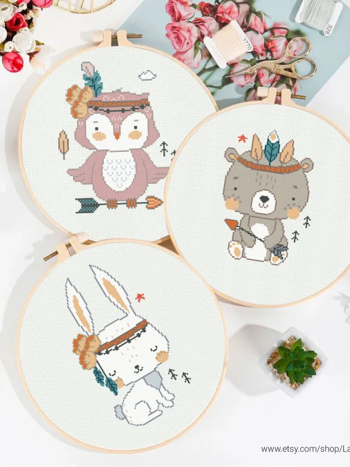 Bundle of 5 animals Boho style cross stitch pattern bear bunny owl fox beaver nursery decor counted chart gift DIY embroidery instant PDF