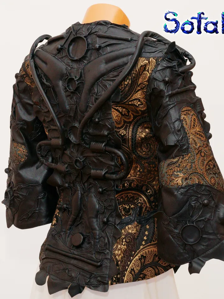 The unique genuine leather jacket 3/4 sleeves, wide bracelets, collar, cyberpunk style by Sofalee. The real leather coat