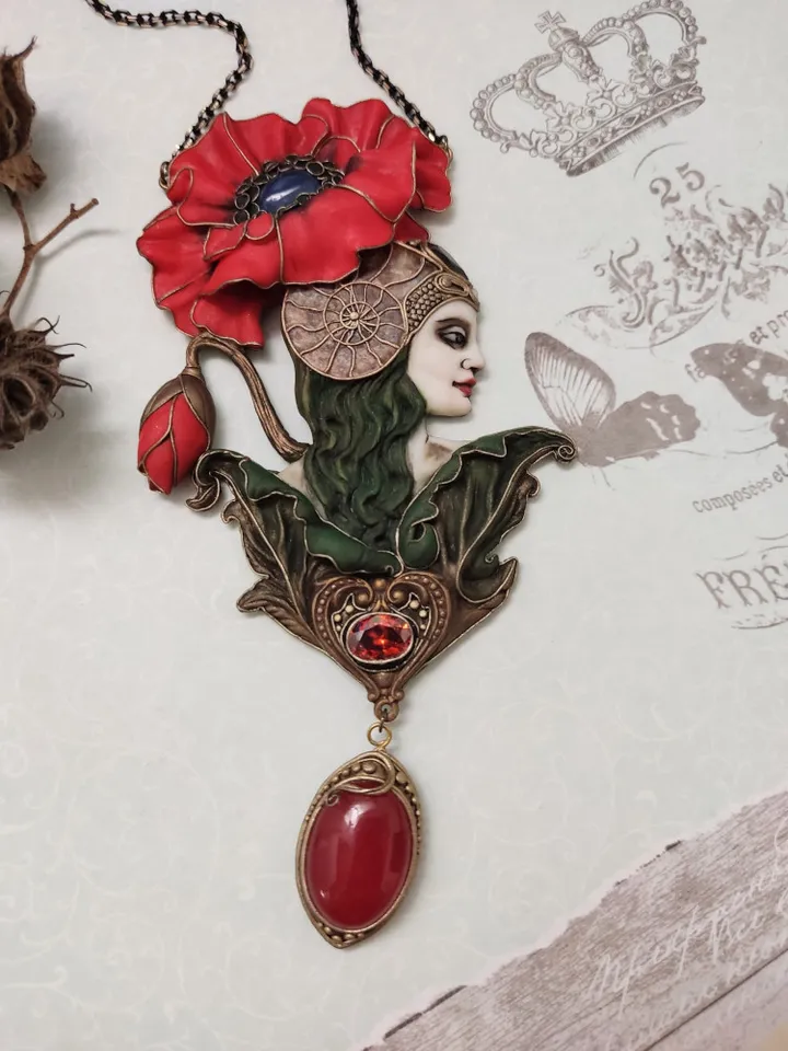 Red Poppy necklace, Art Nouveau Romantic Flower, Jewelry Nature Pendant, Poppy