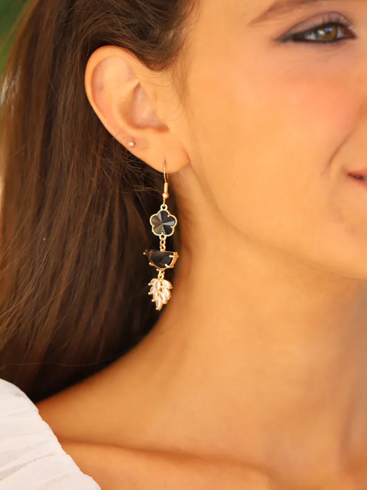 Art Deco Gold Black Wedding Earrings, Boho Bridal Earrings, Swarovski Crystal Chandelier Statement Flower Wedding Earrings, Wedding Jewelry