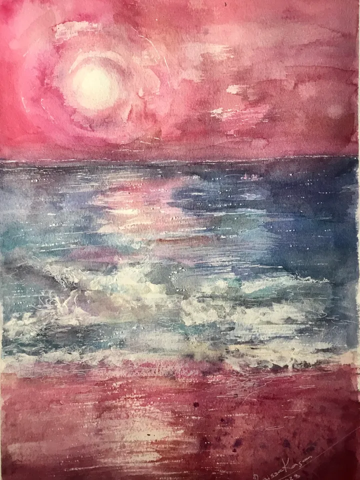 Green and pink sunset original watercolor painting,set of two fantasy wall decoration,landscapes,seascapes painting.