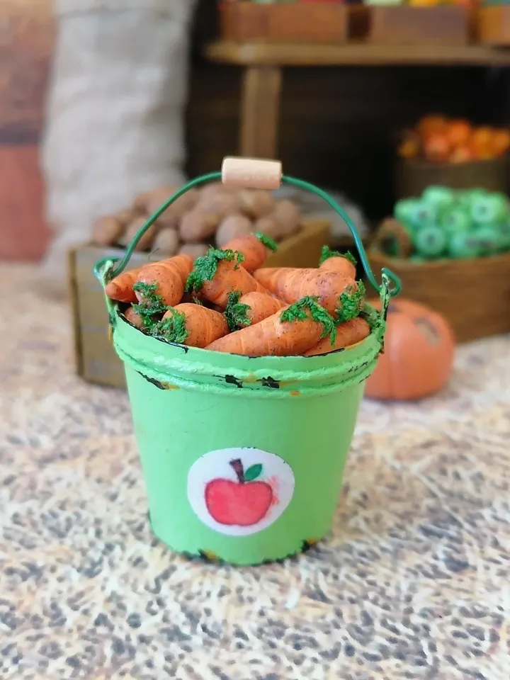 Bucket with carrots. Puppet miniature. 1:12. Doll garden.