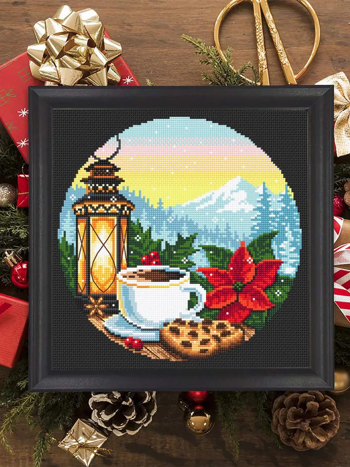 Christmas coffee cup cross stitch pattern PDF download Cozy cross stitch chart, Christmas pattern digital PDF, Mountain landscape #N190