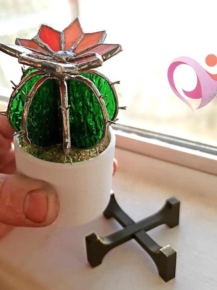 Stained Glass Cactus Suncatcher in White Pot with Stand - Cute Miniature Barrel Cactus with Flower
