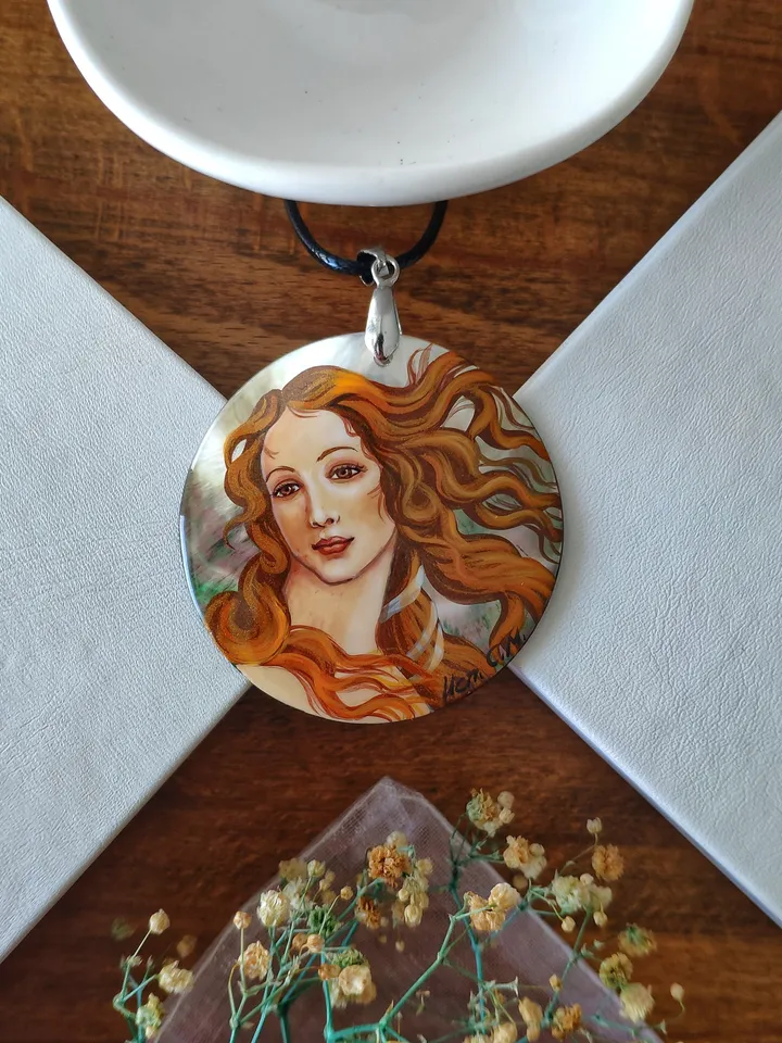 Pearl pendant necklace: Greek goddess on handmade jewelry • The Birth of Venus painted on aesthetic necklace • Elegant art on dainty pendant
