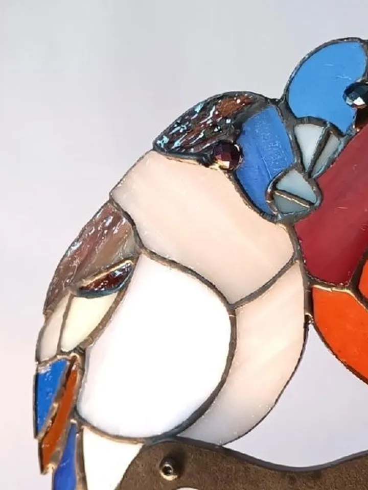 Lovebirds – Bullfinches on a Branch, Lovebirds Stained Glass Panel, Stained Glass Bullfinches on Branch, Romantic Bullfinches in Winter Art, Handcrafted Stained Glass Lovebirds, Winter Birds Stained Glass Decoration, Bullfinches with Berries Stained Glass