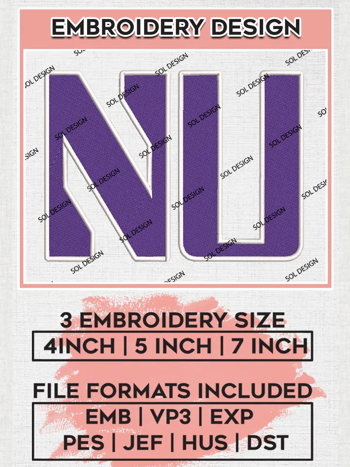 NCAA NU Wildcats Team Logo Embroidery Design Files, NCAA Northwestern Wildcats Machine Embroidery, NCAA Teams, 3 sizes, NCAA Machine embroidery designs, Digital Download