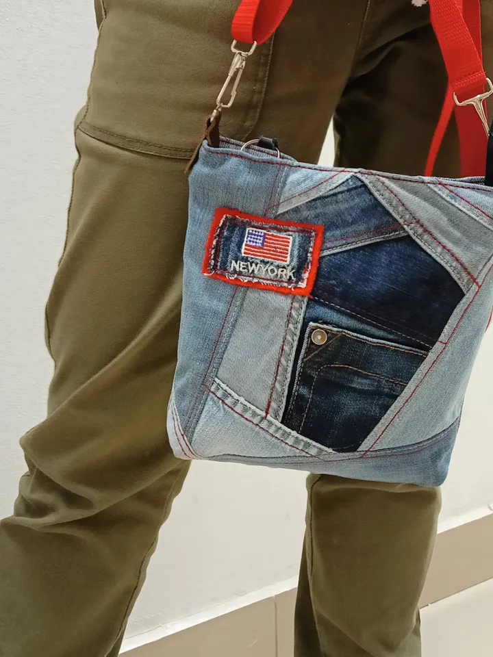 Small denim crossbody or shoulder bag, handmade in crazy patchwork style from environmentally friendly jeans material