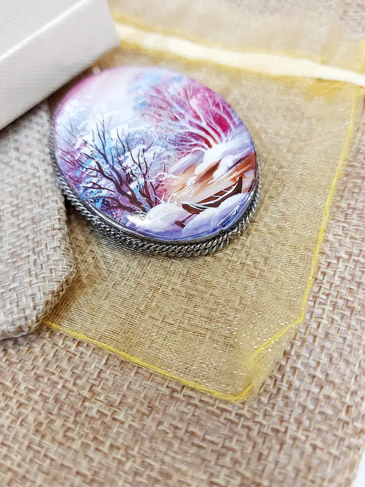 Brooches for women: river and charming little boat in a snow-covered forest on pearl brooch • purple dainty handmade jewelry • Aesthetic pin