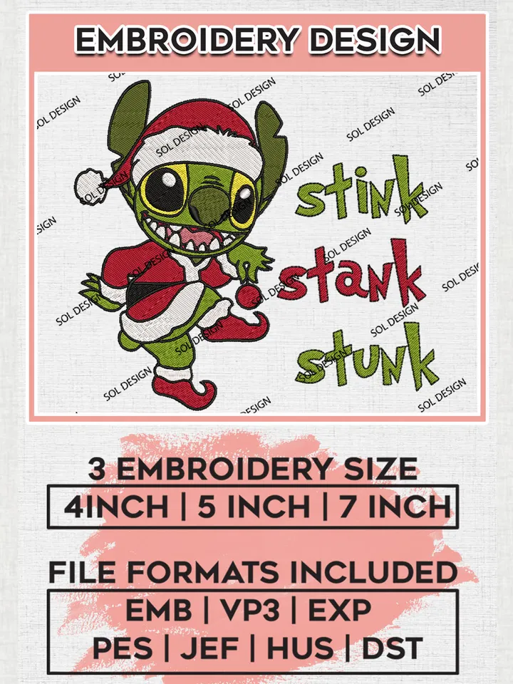 Stink Stank Stunk Grinch Christmas Embroidery Design Files, Grinch Machine Embroidery, Merry Grinchmas Hand Embroidery, 3 sizes, Cute Christmas Machine embroidery designs, Digital Download