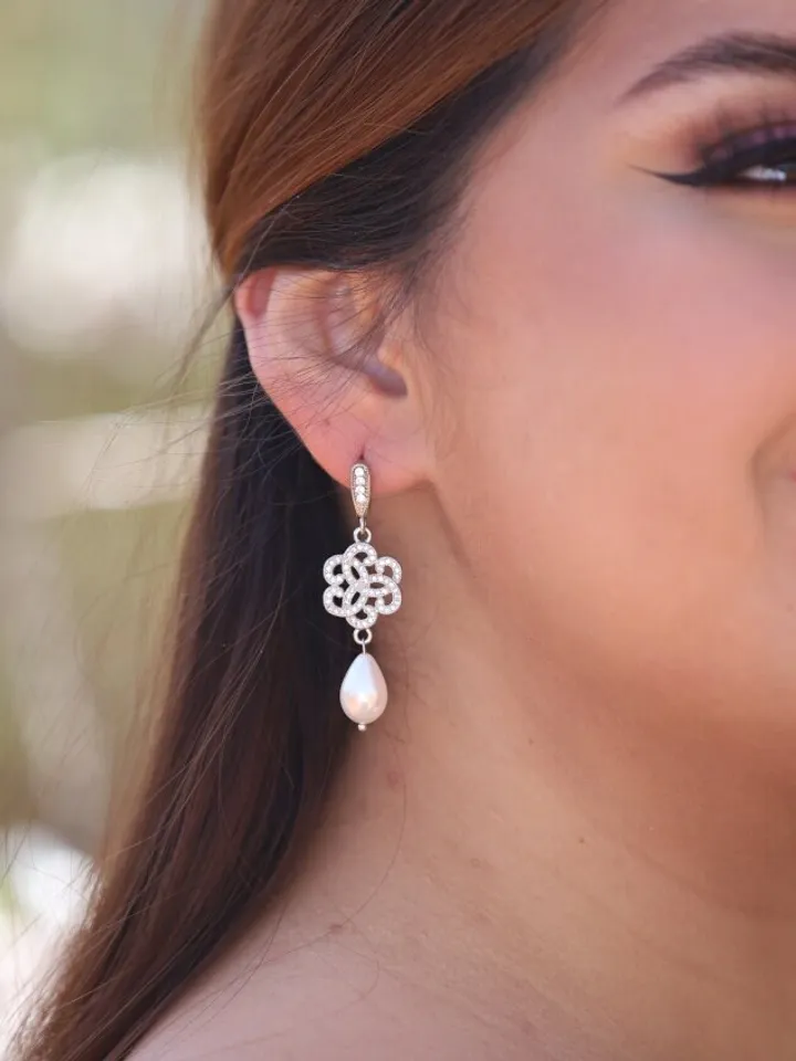 Swarovski Crystal Silver Art Deco Statement Wedding Earrings, Pearl Teardrop Bridal Earrings, Statement Wedding Jewelry, Bridesmaid Gift,