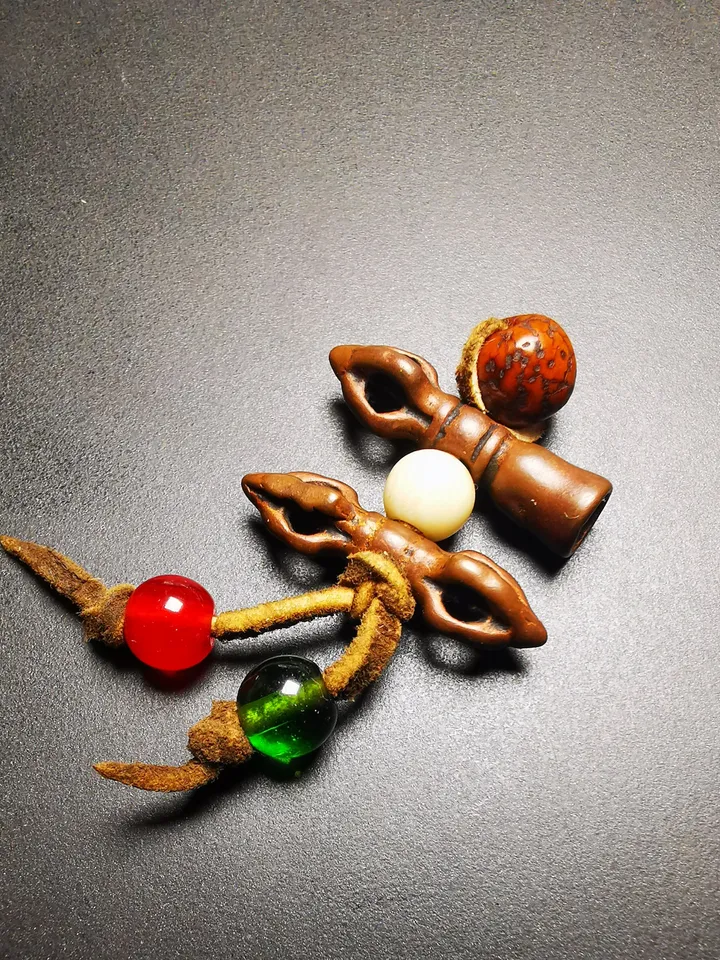 Gandhanra Antique Tibetan Amulet,Mini Vajra and Tibetan Bell Bead Pendant for Mala Prayer Beads, Trantic Buddhism Dharma,Made of Red Copper