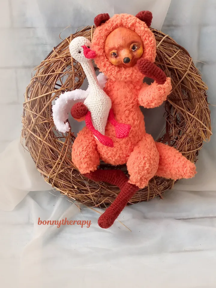 stuffed toy fox 5.9 inches sitting, crocheted cute fox with goose.