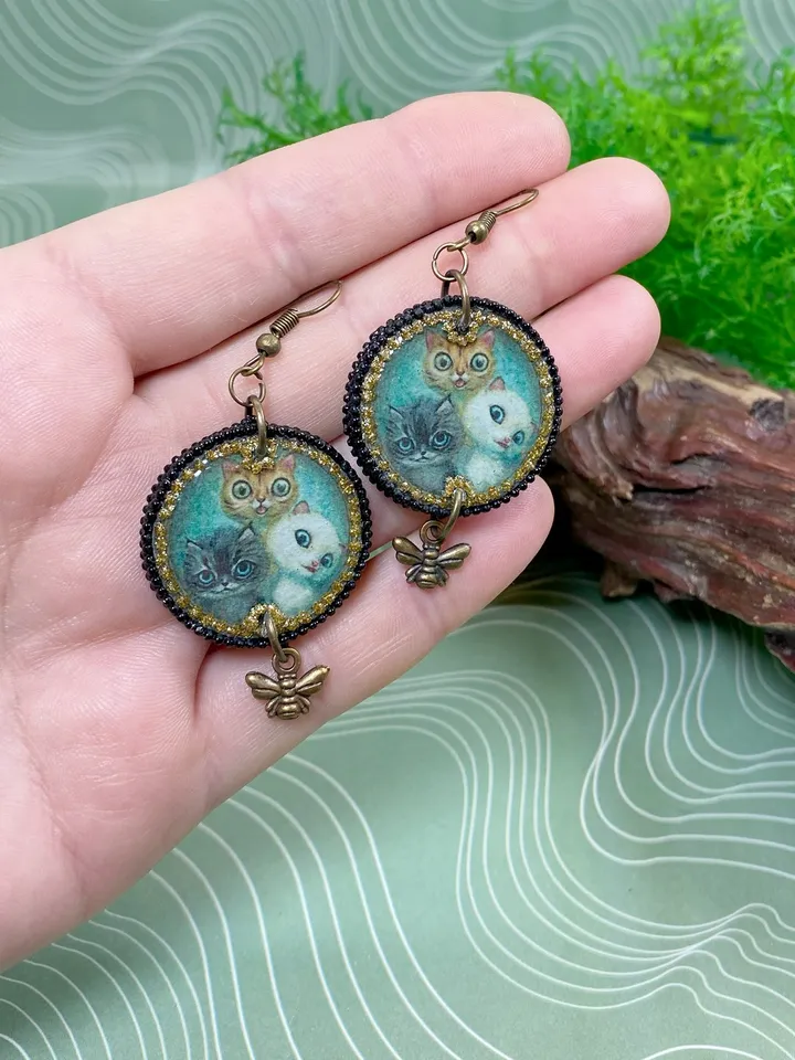 Earrings with cats. UV resin. Handmade.