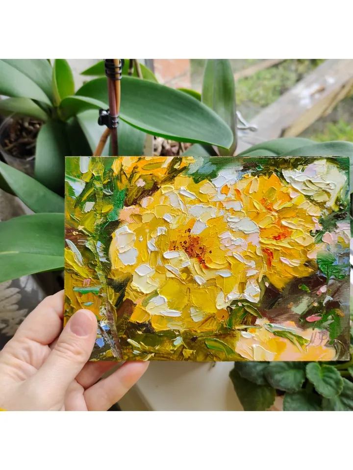 Yellow Rose painting Floral original art 7 by 5 in Flower wall art Yellow Rose of Texas artwork by Natalia Plotnikova