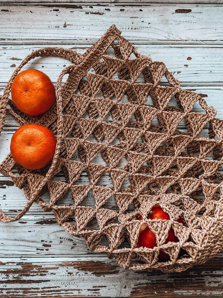 Crochet pattern mash bag triangles PDF digital and video tutorial, lace bag, net bag, woven bag for women, spring bag for girls, raffia