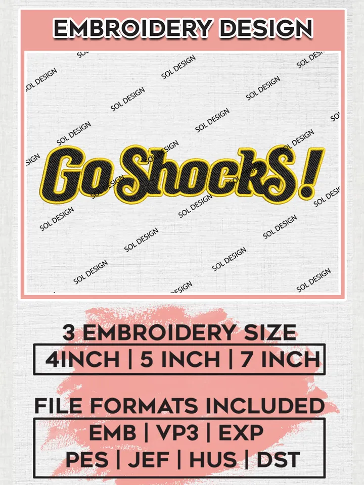 NCAA Go Shocks College Team Logo Embroidery Design Files, NCAA Wichita State Shockers Machine Embroidery, NCAA Teams, 3 sizes, NCAA Machine embroidery designs, Digital Download