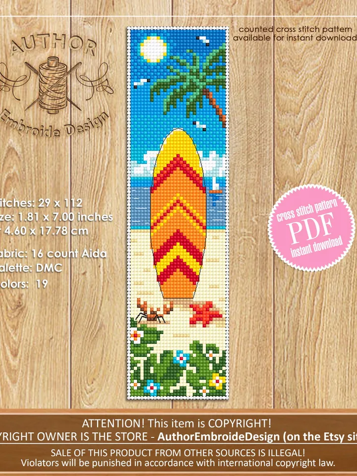Beach bookmarks cross stitch pattern PDF download Summer cross stitch chart, Summer bookmark set pattern digital PDF Beach life Hawaii #B436