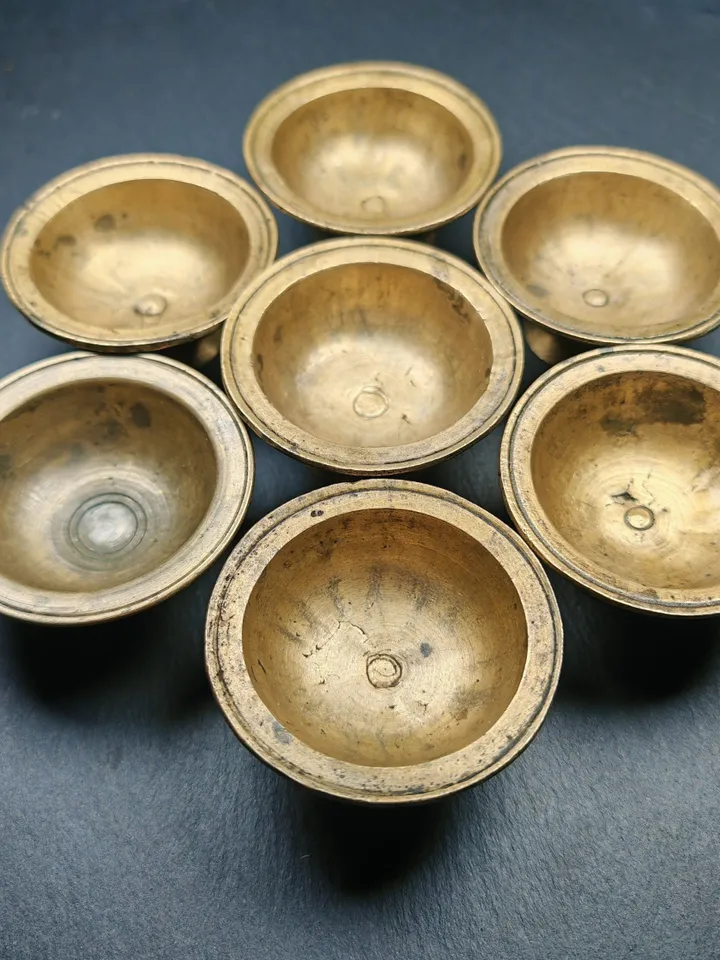 Gandhanra Authentic Tibetan Buddhist Butter lamp / Water Offering Bowls,Yonchap Bowls,Made of Brass,1 Set of 7 Bowls,2.7",100+ Years Old