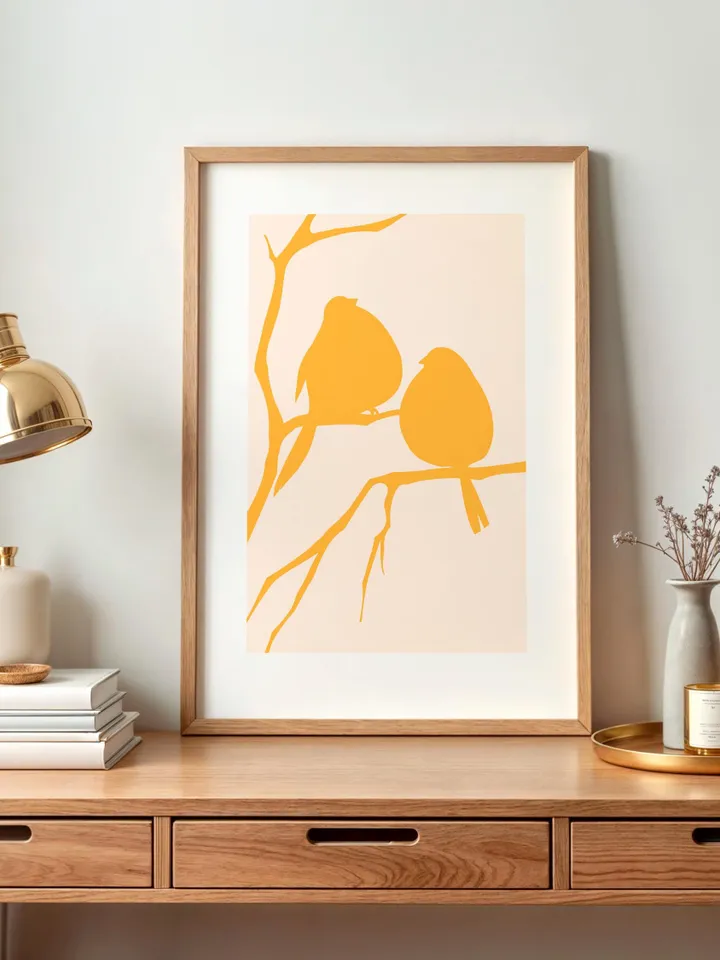Minimalist Bird Wall Art Boho Bird Poster Abstract Nature Silhouettes Modern Yellow Decor Scandinavian Style Contemporary Bird Digital Art
