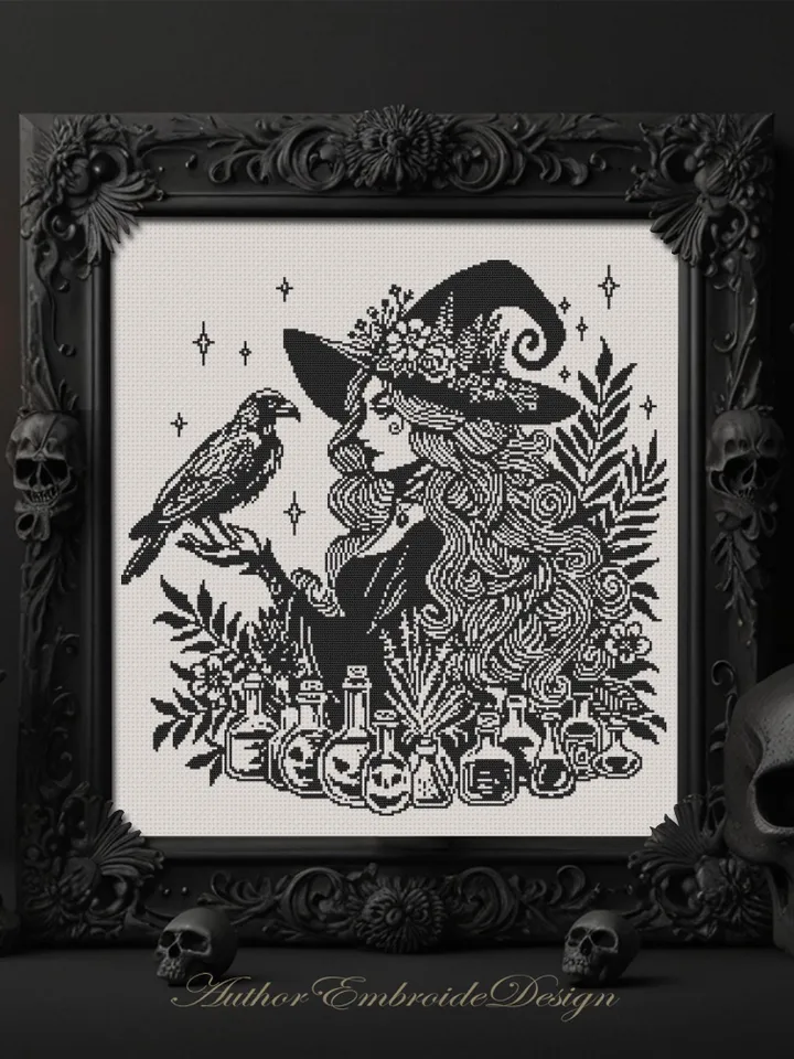 Halloween forest witch cross stitch pattern PDF download Halloween cross stitch chart monochrome, Gothic pattern digital PDF Black crow #H77