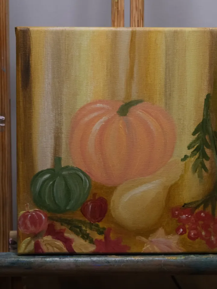 Oil Painting Autumn Still Life with Pumpkins Pumpkins Food Kitchen Art Stretched Canvas 20x20cm 8x8 inch Wall Decor Halloween Gift