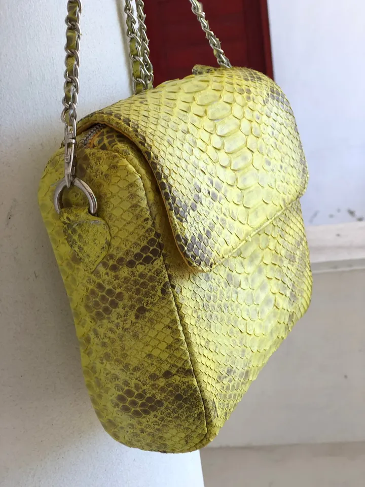 Genuine python skin crossbody chain yellow snake print tassel bag, summer bag elegant leather, snakeprint bag, convertable bag, yellow bag