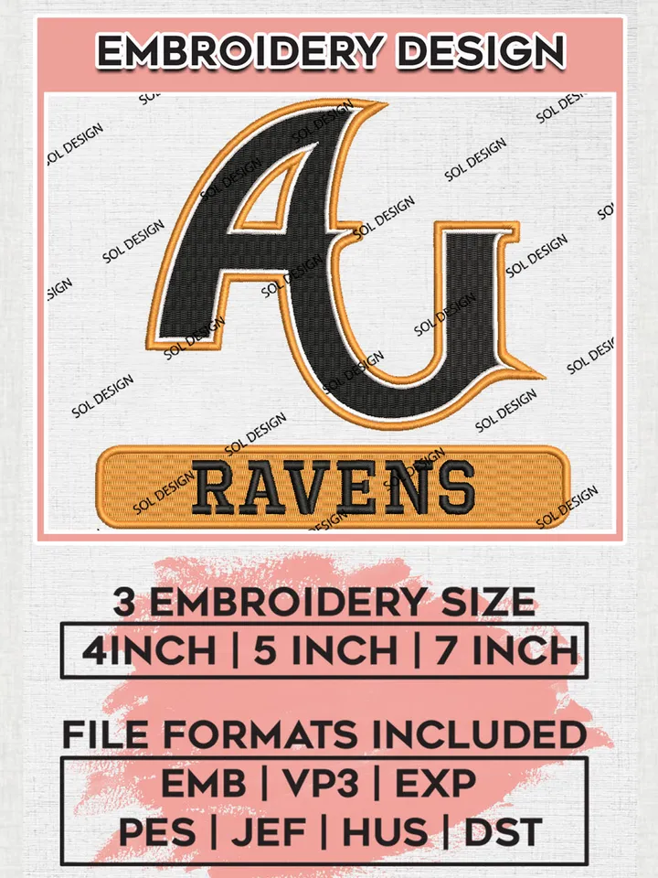 NCAA AU Ravens College Team Logo Embroidery Design Files, NCAA Anderson Ravens Machine Embroidery, NCAA Teams, 3 sizes, NCAA Machine embroidery designs, Digital Download