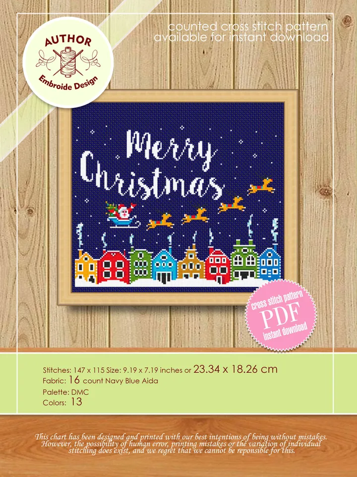 Merry Christmas cross stitch pattern PDF download Winter town cross stitch chart, Christmas pattern digital PDF, Christmas houses #N49