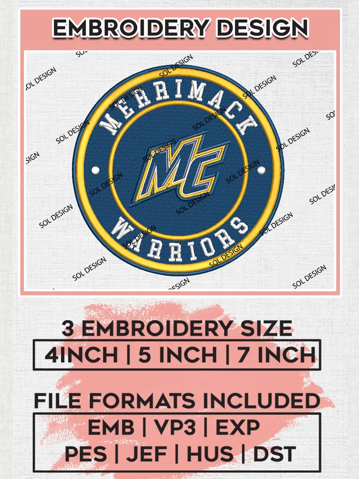 NCAA Merrimack Warriors Round Logo Embroidery, NCAA Merrimack Logo Embroidery files, NCAA Teams, Machine embroidery designs, Digital Download