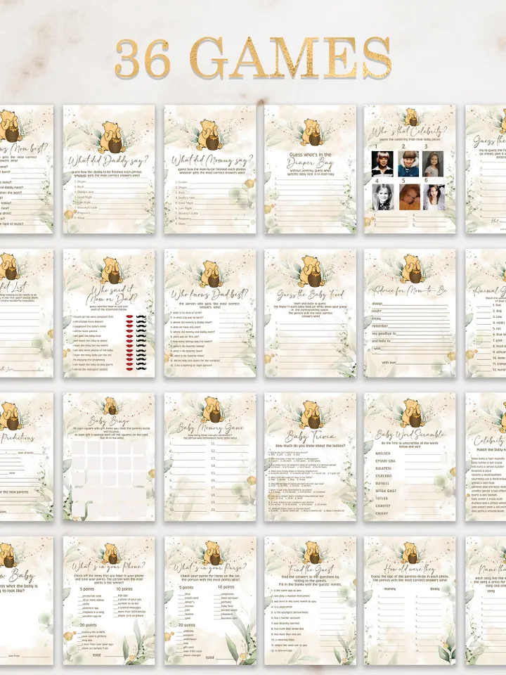 Winnie the Pooh Baby Shower Signs; Winnie the Pooh Inspired; Printable Pooh Baby Shower Party Games; Honey Bear Shower Games; WP4