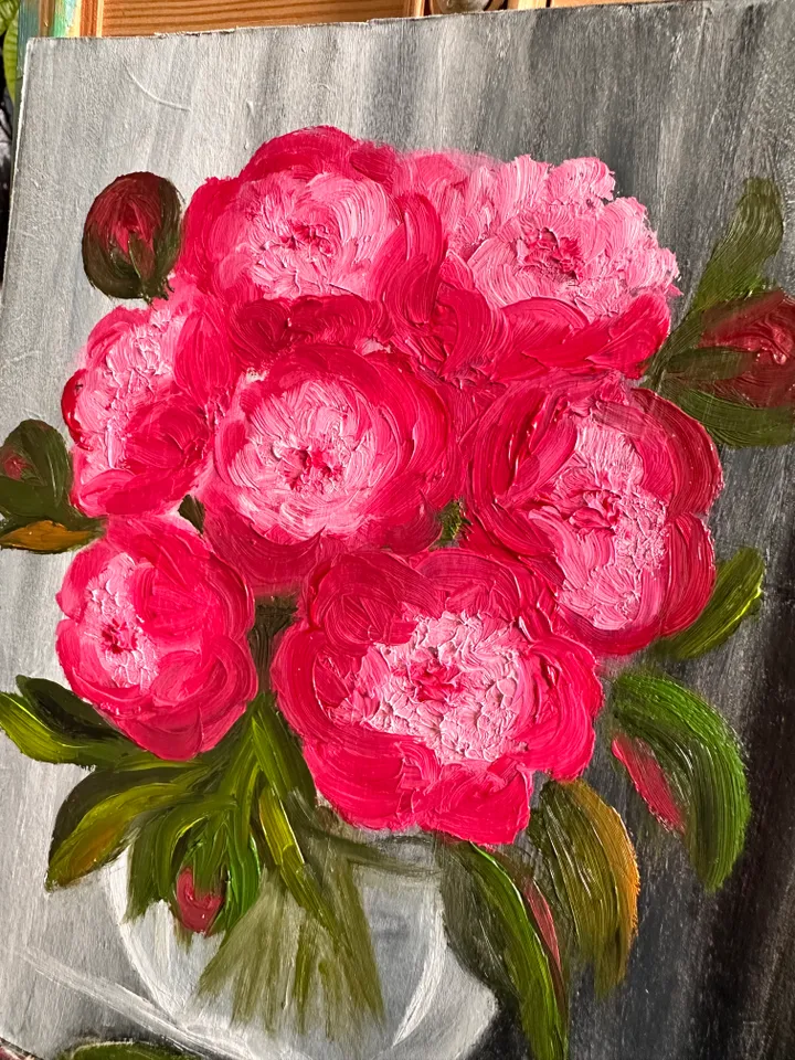 Oil Painting Pink Lilies in a Glass Vase Bouquet of Lilies Flowers Floral Still Life Nature Plants Wall Decor 9x7 inches 24x18 cm Cardboard