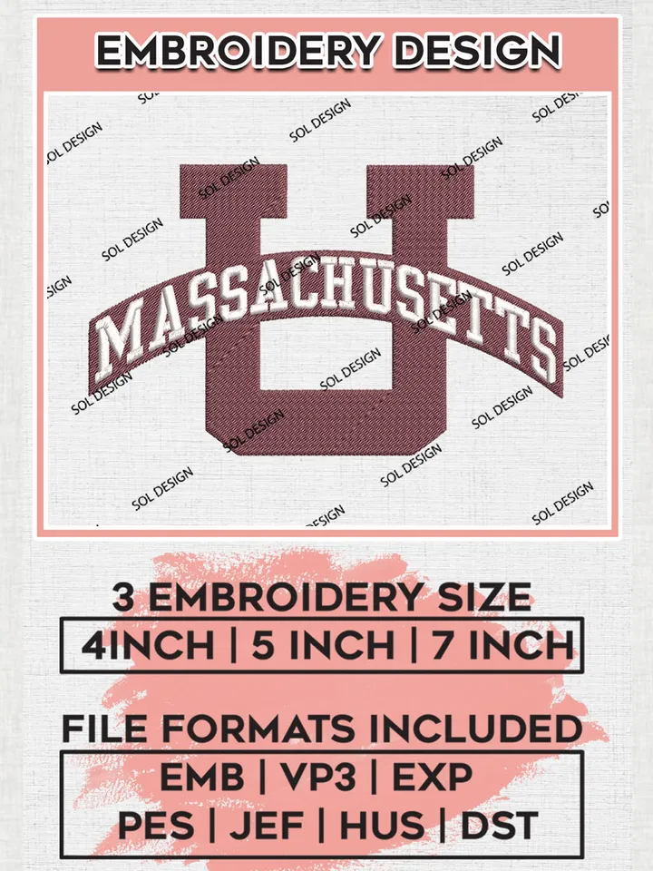 Umass Massachusetts College Football Team Logo Embroidery Design Files, NCAA Massachusetts Minutemen Machine Embroidery, NCAA Teams, 3 sizes, NCAA Machine embroidery designs, Digital Download