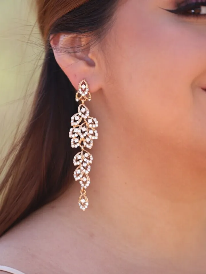 Extra Long Boho Wedding Earrings, Swarovski Crystal Statement Wedding Earrings, Champagne Gold Bridal Earrings, Statement Wedding Jewelry,