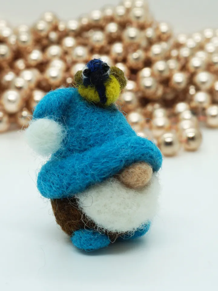 Miniature needle felted gnome, spring gnome, blue tit, made to order