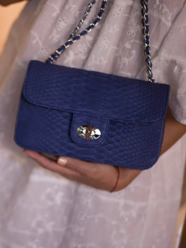 Blue Genuine Python Skin Crossbody Chain Bag | Bright Summer Bag | Elegant Women Bag | Chain Strap Crossbody Deep blue classy Purse