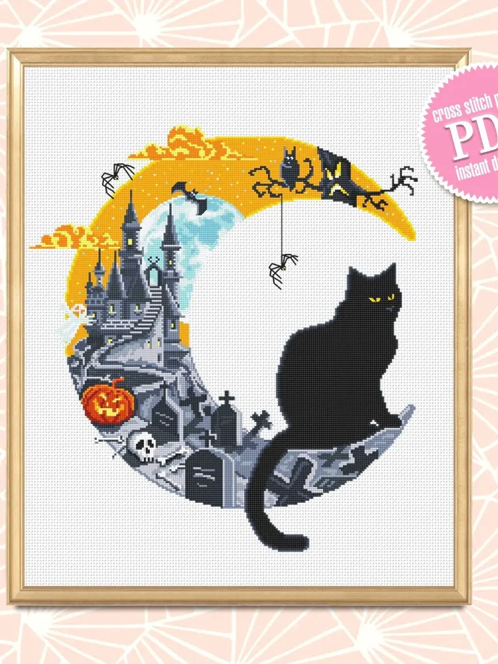Halloween cat cross stitch pattern PDF download Crescent moon cross stitch chart, Halloween pattern digital PDF Haunted house, Black cat #H9