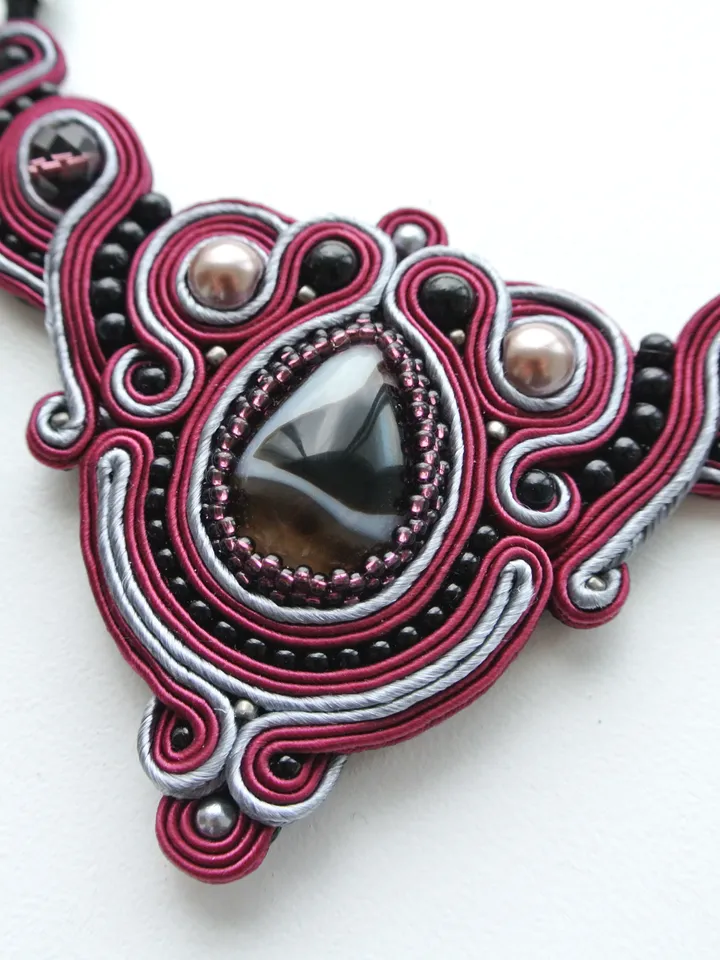 Burgundy necklace with Agate stone, Soutache Embroidered statement necklace