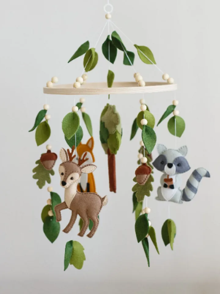 Handcrafted Fox, Deer, Raccoon and Woodland Themed Felt Baby Mobile - Customizable Nursery Decor